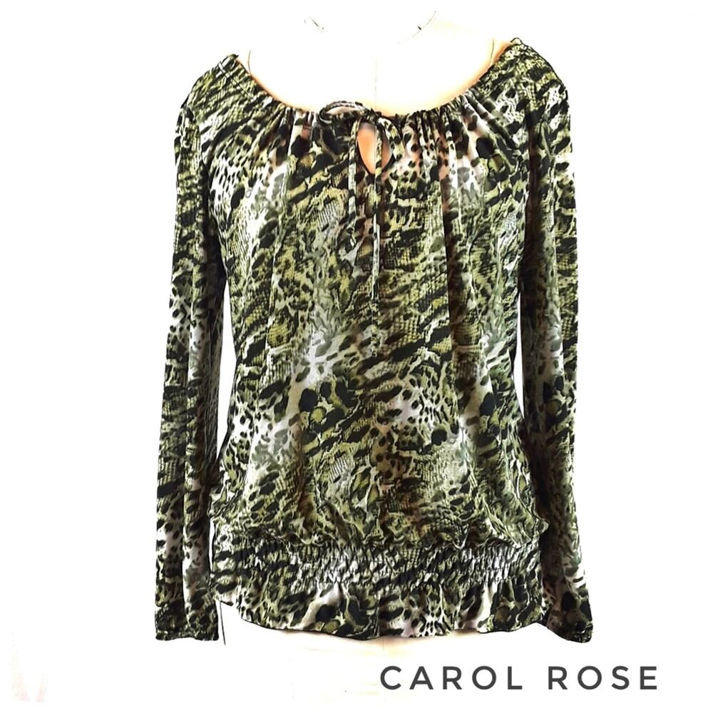 CAROL ROSE Green Animal Print Stretch Knit Top Size M Casual Snakeskin Print